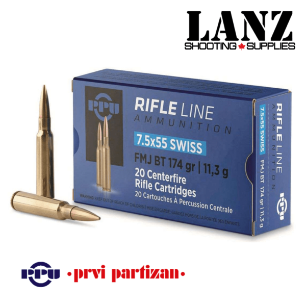 PPU (Prvi Partizan Uzice) 7.5X55 SWISS, 11.3g, 174GR FMJ-BT(Full Metal Jacketed Boat Tail), Box of 20