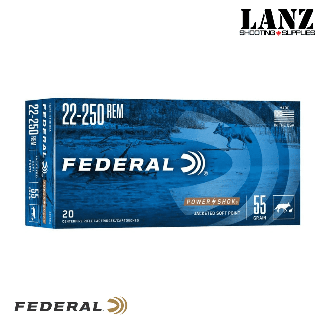 Federal Power-Shok Rifle, 22-250 Rem, 55 Grain, JSP(Jacketed Soft Point), Box of 20