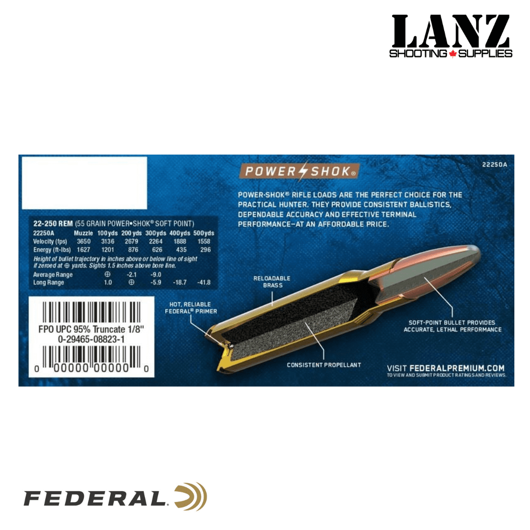 Federal Power-Shok Rifle, 22-250 Rem, 55 Grain, JSP(Jacketed Soft Point), Box of 20 - Image 2